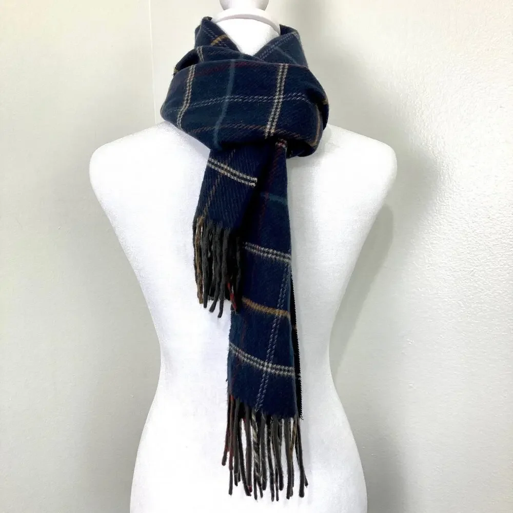 Perry Ellis Vintage Navy Plaid Fleece Scarf 11 x 65 Classic Preppy Warm 90s